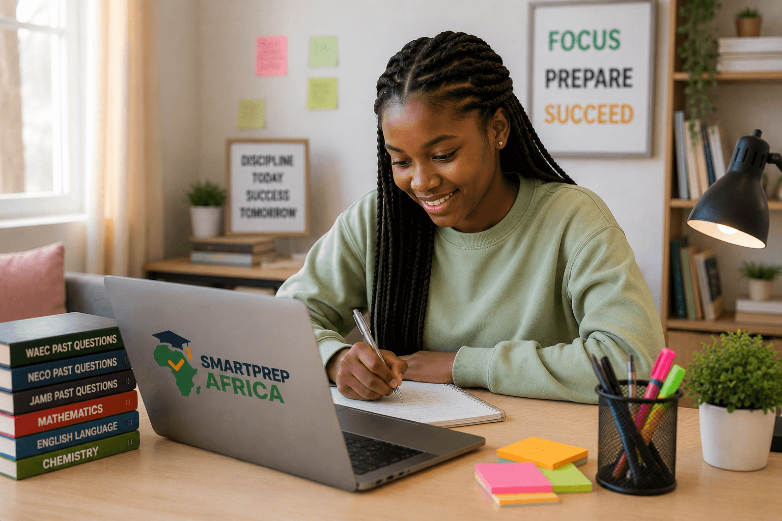A student smiling while writing in a notebook beside a stack of WAEC, NECO and JAMB past-question books