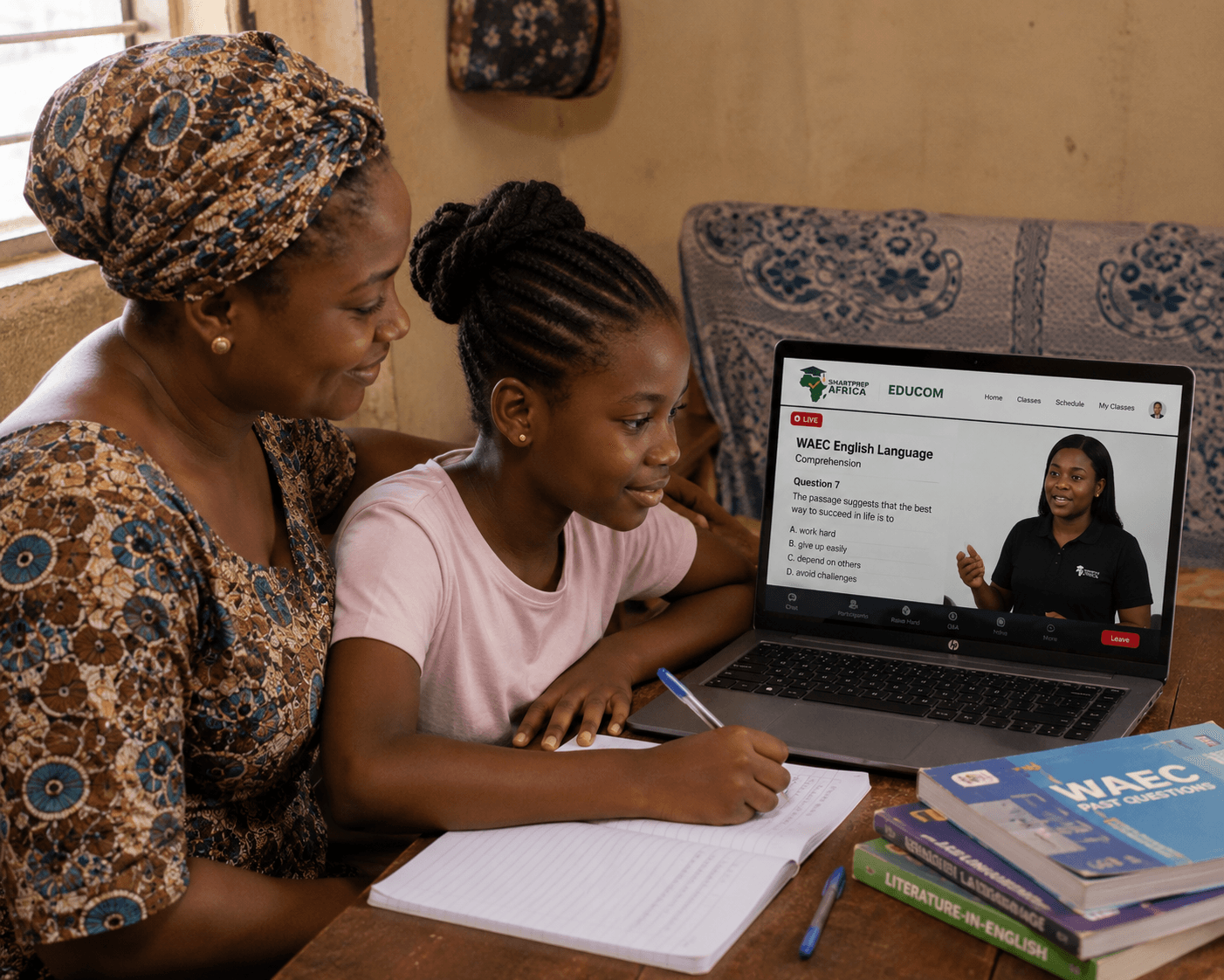 A mother and daughter following a live SmartPrepAfrica Learning class together on a laptop