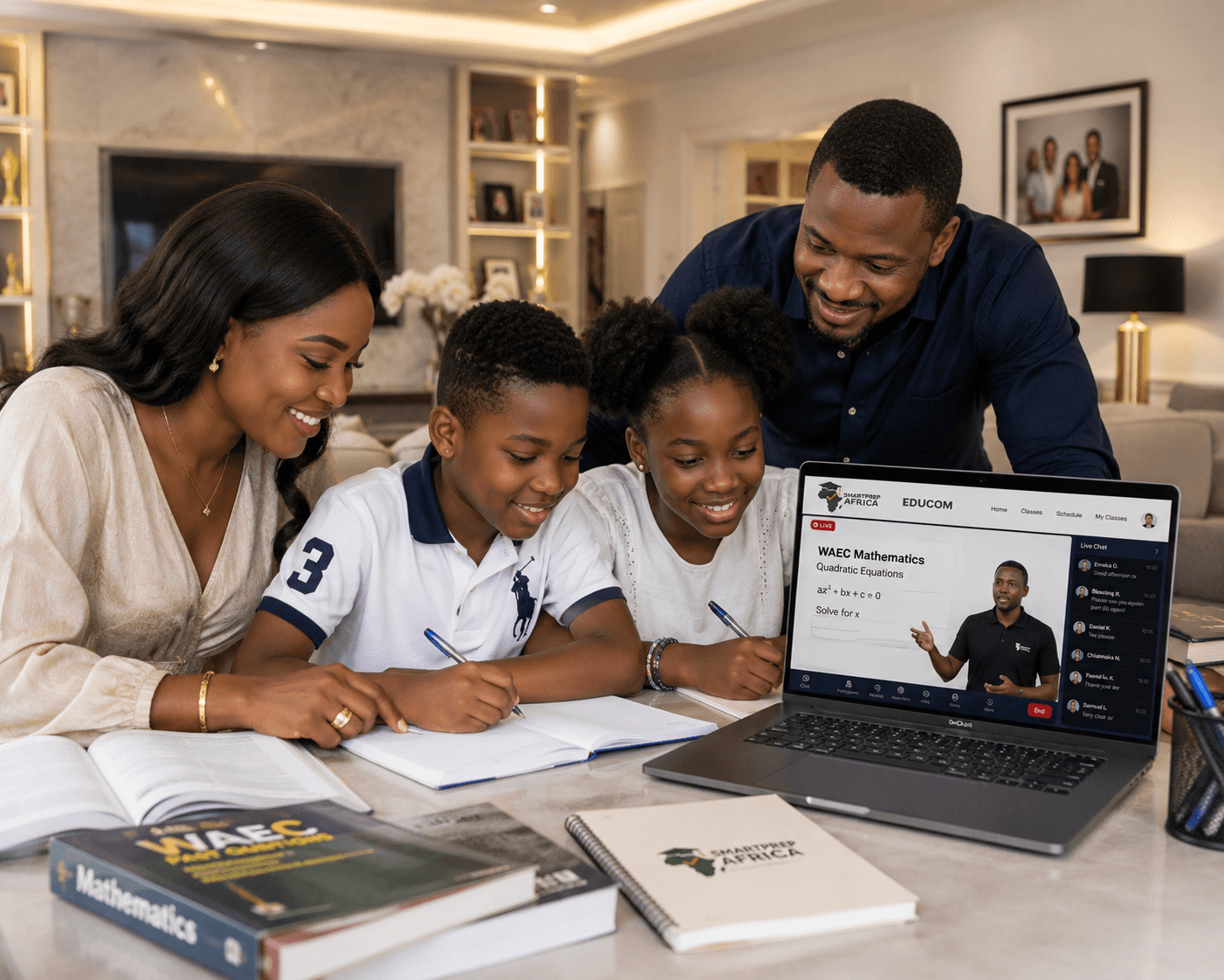 A family gathered around a laptop following a live SmartPrepAfrica Learning mathematics class